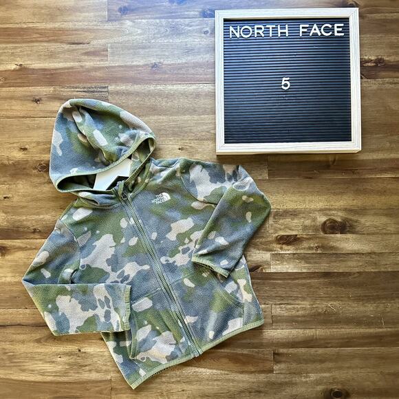 The North Face Green Camo Glacier Full Zip Hooded Fleece Jacket Long Sleeve 5T - Picture 1 of 8
